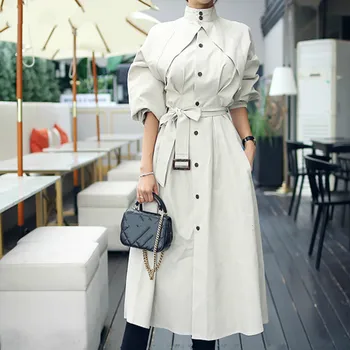 

Korea 2020 New Spring Winter Stand Collar Long Sleeve Personality Wiast Tie Loose Korean Women Coat Tide L127