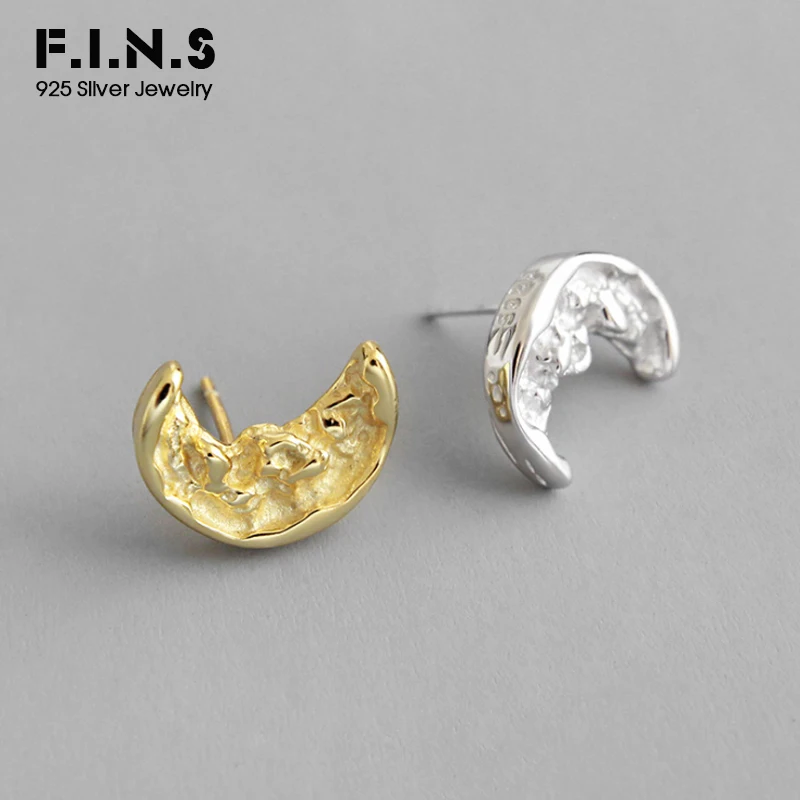 

F.I.N.S Korean S925 Sterling Silver Earrings Two-tones Irregular Surface Concave Moon Stud Earrings Silver 925 Fine Jewelry