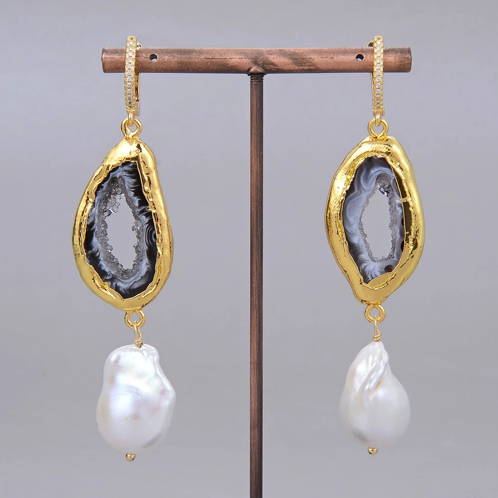 

Natural Freshwater Cultured White Keshi Pearl Gold Plated Quartz Agates CZ Hook Earrings Vintage For Women