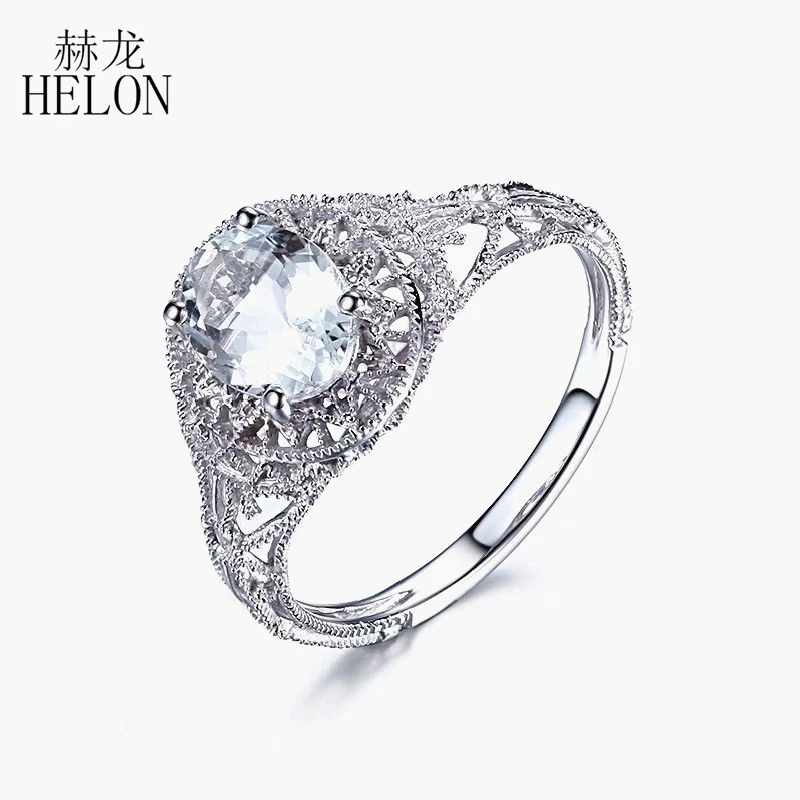 HELON Стерлинговое Серебро 925 Овальный 8x6 мм 1ct Натуральный аквамарин Кольцо женское свадебное Арт Деко античный Пасьянс драгоценный камень Ювелирное кольцо