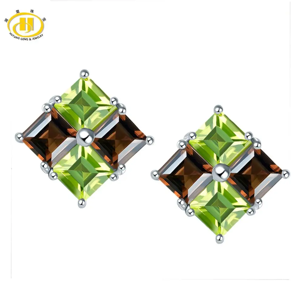 

Hutang Multicolor Natural Peridot Smoky Quartz Earrings 925 Sterling Silver Flower Stud Earrings for Women Fine Elegant Jewelry