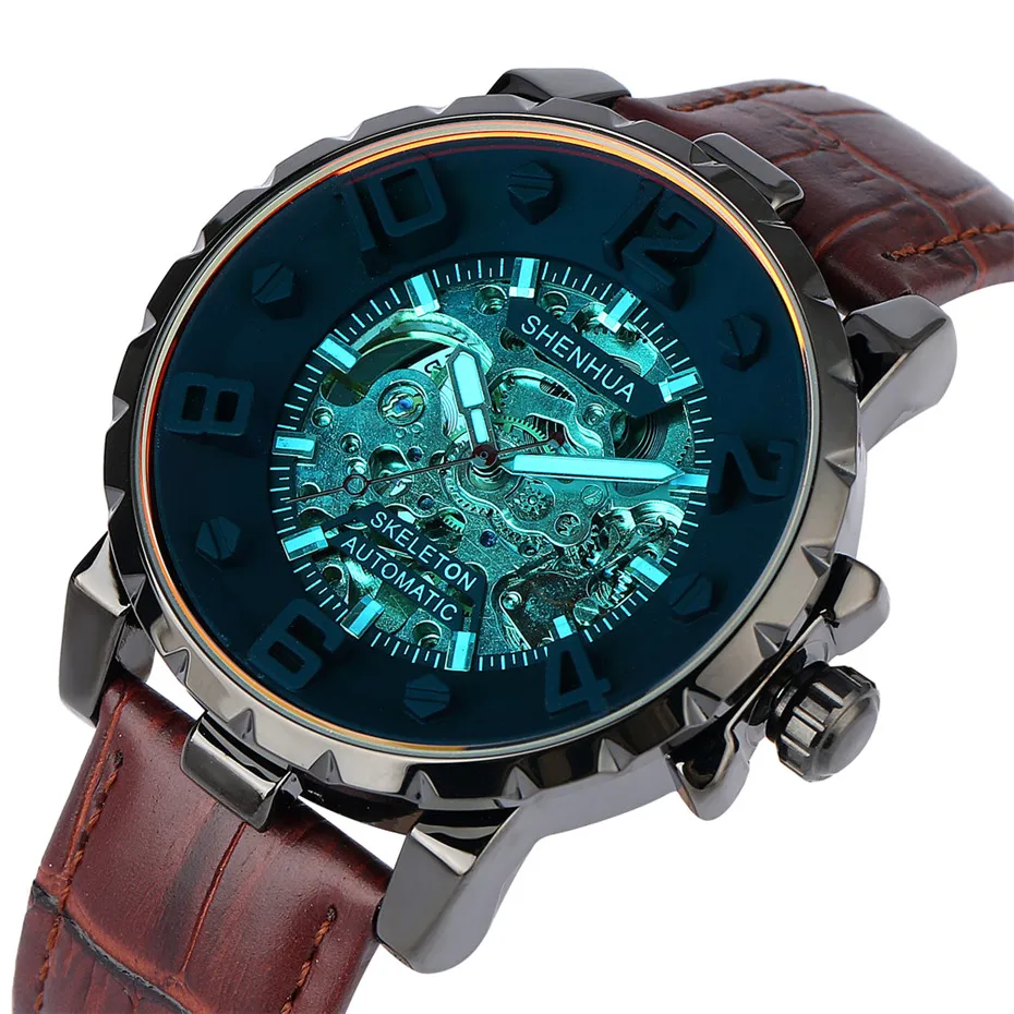 

Creative Automatic Men Watches Genuine Leather Mechanical Wristwatch Red Reflective Glass Blue Skeleton Mens Watch Self Winding