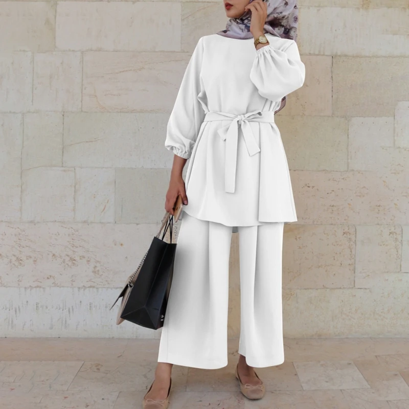 Conjunto de 2 piezas de túnica musulmana para mujer, Tops de manga larga con cinturón, pantalones sueltos de pierna ancha, Hijab de Color sólido de Dubái, Turkis