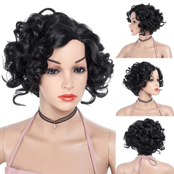 

GRES Black Natural Wig Side Parted Short Curly Wig Overwatch Cosplay High Temperature Fiber Wig Korean Women Synthetic Hairstyle