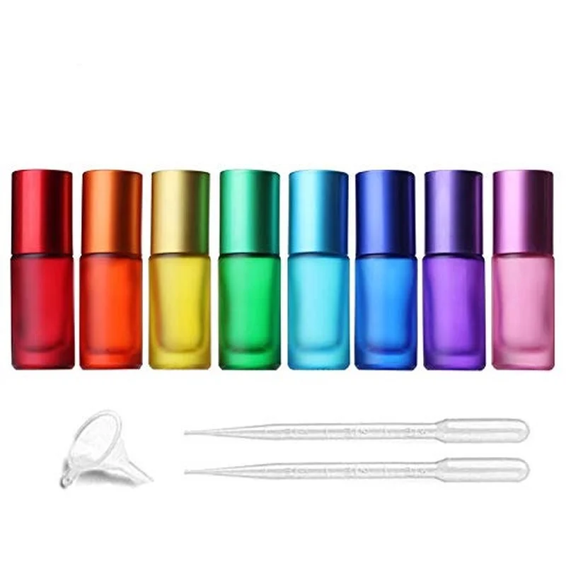 5ml 8 Colour Frosted Glass Roll On Bottles,Empty Portable Essential Oil Glass Roller Bottle With Stainless Steel Balls Perfume