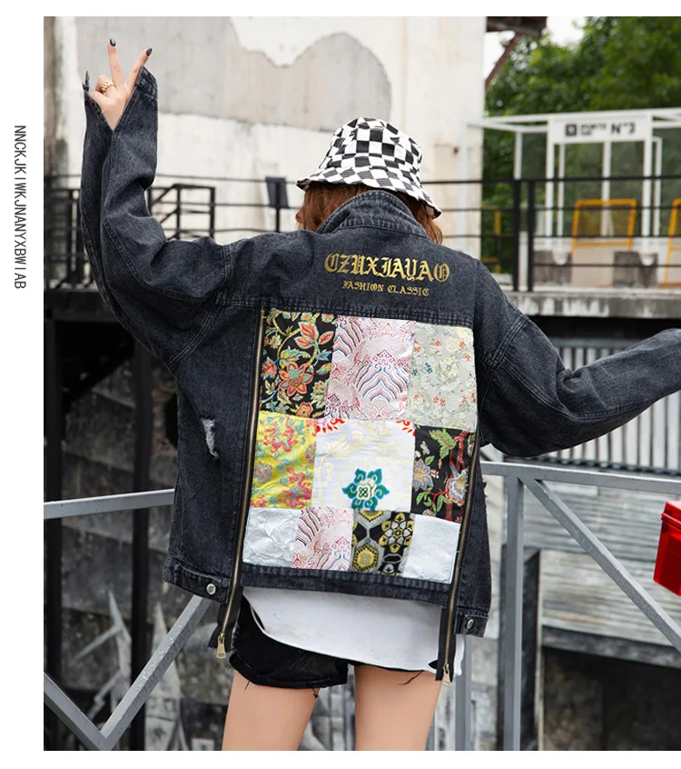 Bf Harajuku черная джинсовая куртка для женщин Осень Зима Свободные вышивка цветок лоскутное джинсы куртка молния сзади принт джинсовое пальто