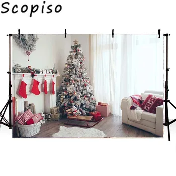 

Scopiso XMAS Backdrop Christmas Tree White Fireplace Sock Sled Curtain Wooden Floor Baby Photography Background for Photocall