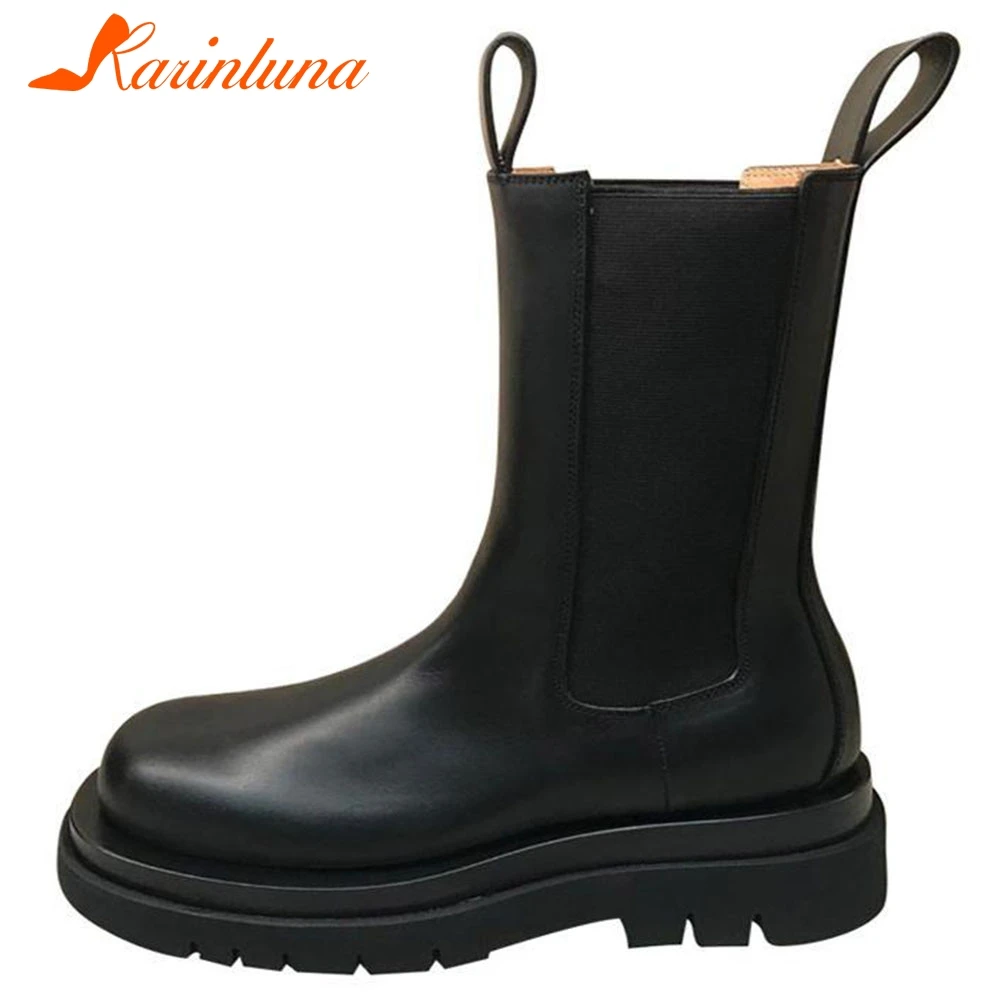 

KARINLUNA Spring Ladies 2020 Comfort Med Heels Boots Hot Sale slip-on Mid-Calf Platform Boots Women Brand Designer Shoes Woman