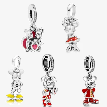 

Mickey Minnie New Year Red Dress Dangle Charm 925 Sterling Silver Fit pandora Bracelet Necklace Fine Pendant Charm DIY Jewelry
