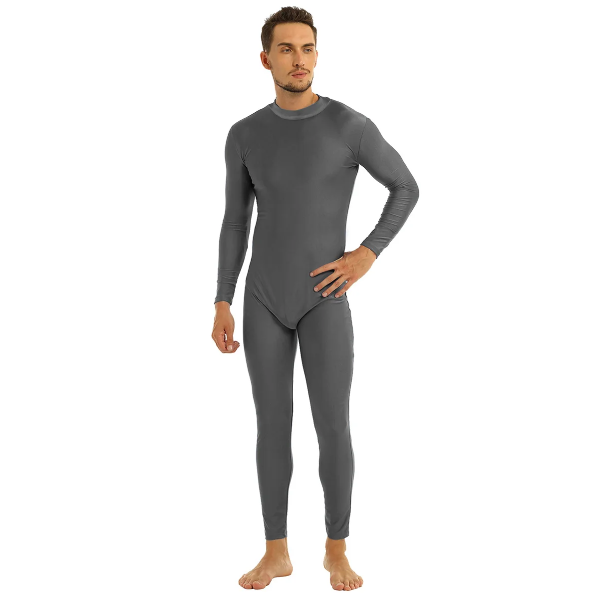 

Mens Adults Gymnastics Leotard Dancewear Well Fit One Piece Mock Neck Long Sleeve Skin-Tight Solid Color Unitard Bodysuit