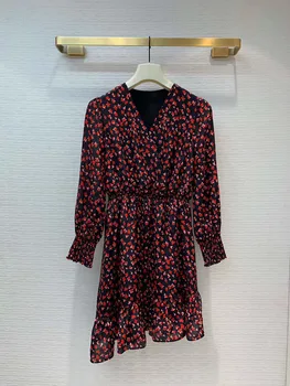 

2020 Early Spring New Arrival Women's Fashion Elegant Girly Style Maple Leaf Print Real Silk100% Dress Free Shipping Worldwide