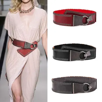 

Studded Decorative Wide Belt PU Leather Cummerbunds Punk Style Rivets Stretchy Dress Waistband Metal Round Buckle Waist Belt