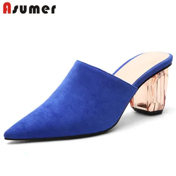 

ASUMER 2020 new arrive women pumps flock pointed toe mules transparent square heel elegant summer party wedding shoes woman