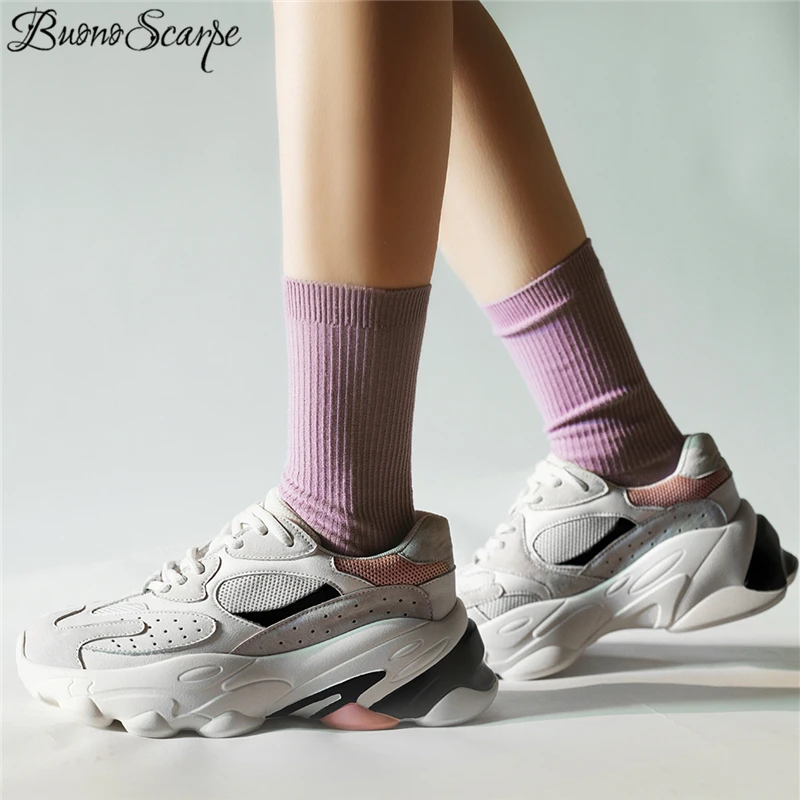 Buono Scarpe/женские кроссовки на платформе с толстой подошвой из натуральной кожи; женские кроссовки в стиле пэчворк; повседневная женская кожаная обувь;