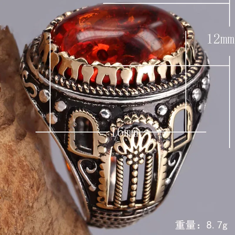 Vintage Big Oval Natural Agate Stone Ring For Men Retro Inlaid Yellow Red Zircon Ant Ring For Women Wedding Band Turkish Jewelry