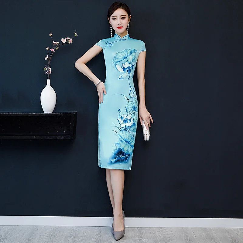 Традиционное китайское платье Vestidos винтажное атласное Qipao сексуальное Cheongsam с цветочным принтом Тонкое Qipao размер M-3XL