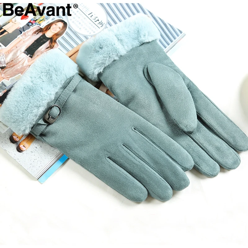 BeAvant/модные толстые зимние перчатки на полный палец женские замшевые ветрозащитные женские теплые меховые перчатки для вождения на открытом воздухе женские перчатки варежки