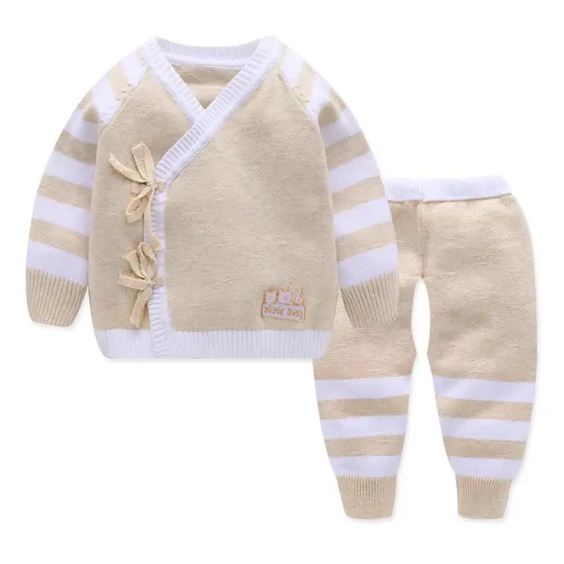 

Spring Silver Sand Thin Baby Sweater Two-Piece Set Newborns Lace-up Kimono Set Customizable