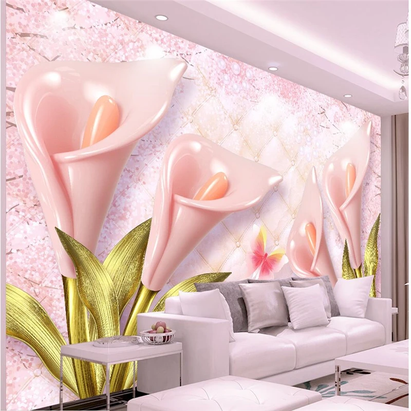 

mural papel de parede Custom Wallpapers High Definition Pink 3D Calla Lens Stereo Embossed Soft Bag Jewelry Background Wall