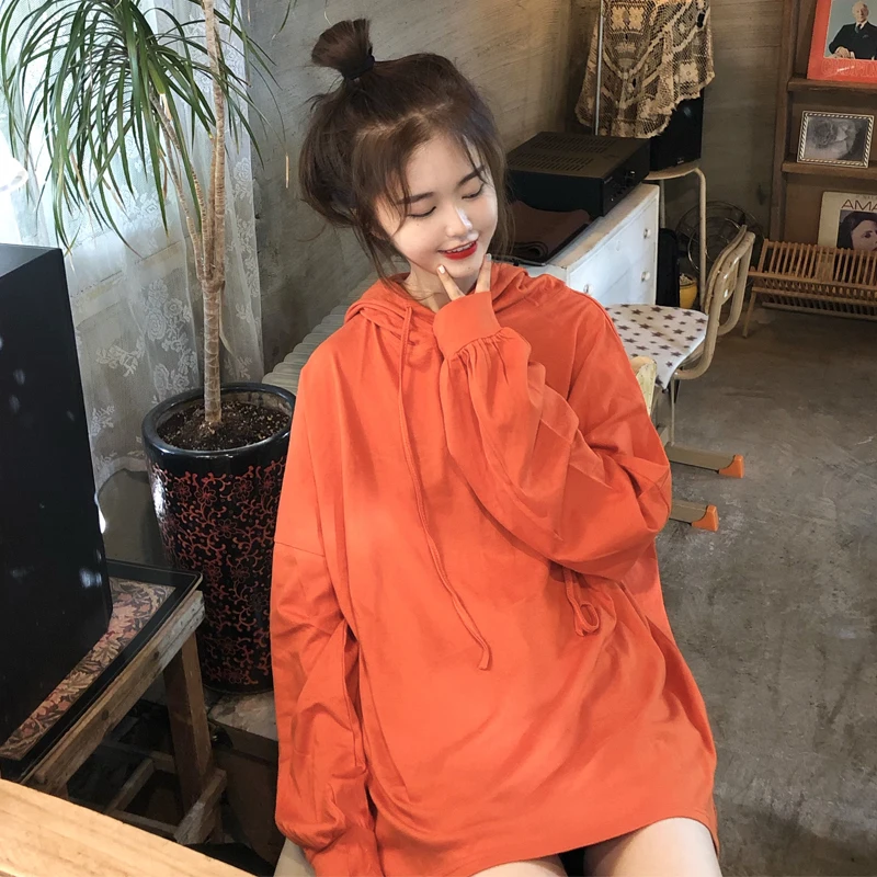 

Lychee Girls Streetwear Loose Long Sleeve Lady Hoodies Tracksuit O-Neck Lady Pullovers Solid Color Women Hooded Sweatshirts