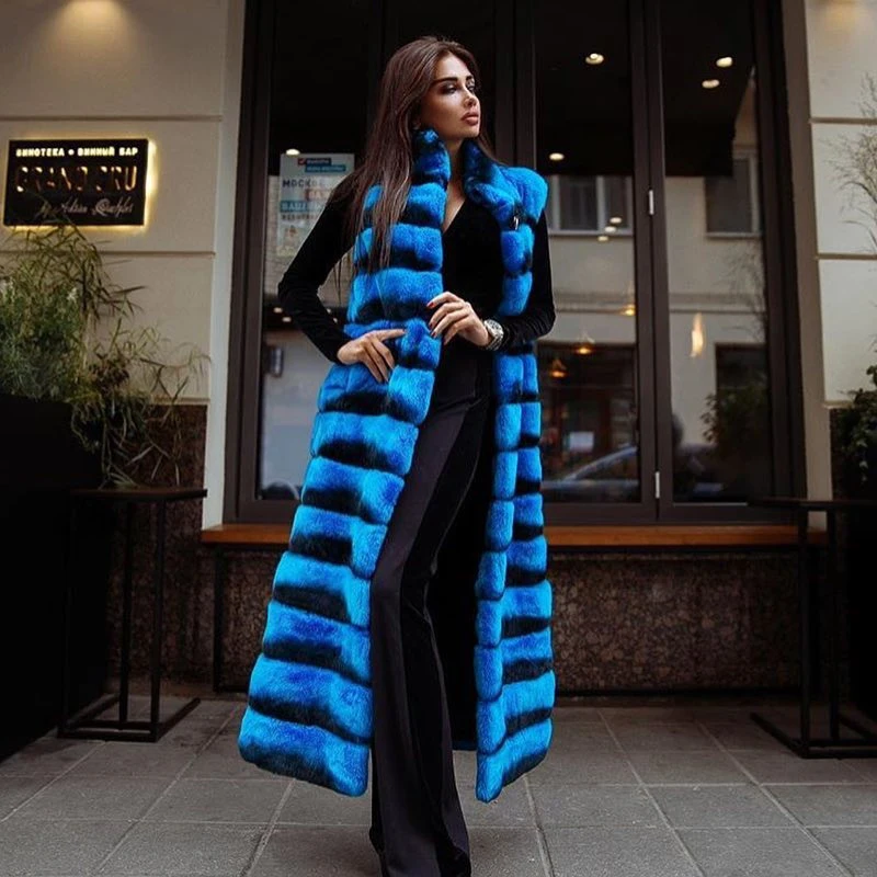 110cm Long Real Rex Rabbit Fur Coat With Big Turn-down Collar Thick Warm Fur Overcoat Chinchilla Collar Full Pelt Fur Coat Women