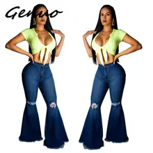 Genuo Новинка модные джинсовые расклешенные брюки женские Ретро рваные джинсы Широкие брюки леди случайный звонок-низ расклешенные брюки женские