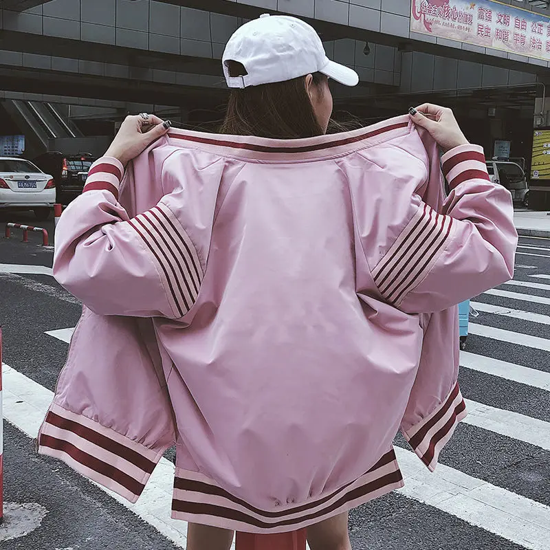 

Harajuku Style Baseball Uniform Spring and Autumn New Korean Striped Loose Large Size Coat Women's Coat