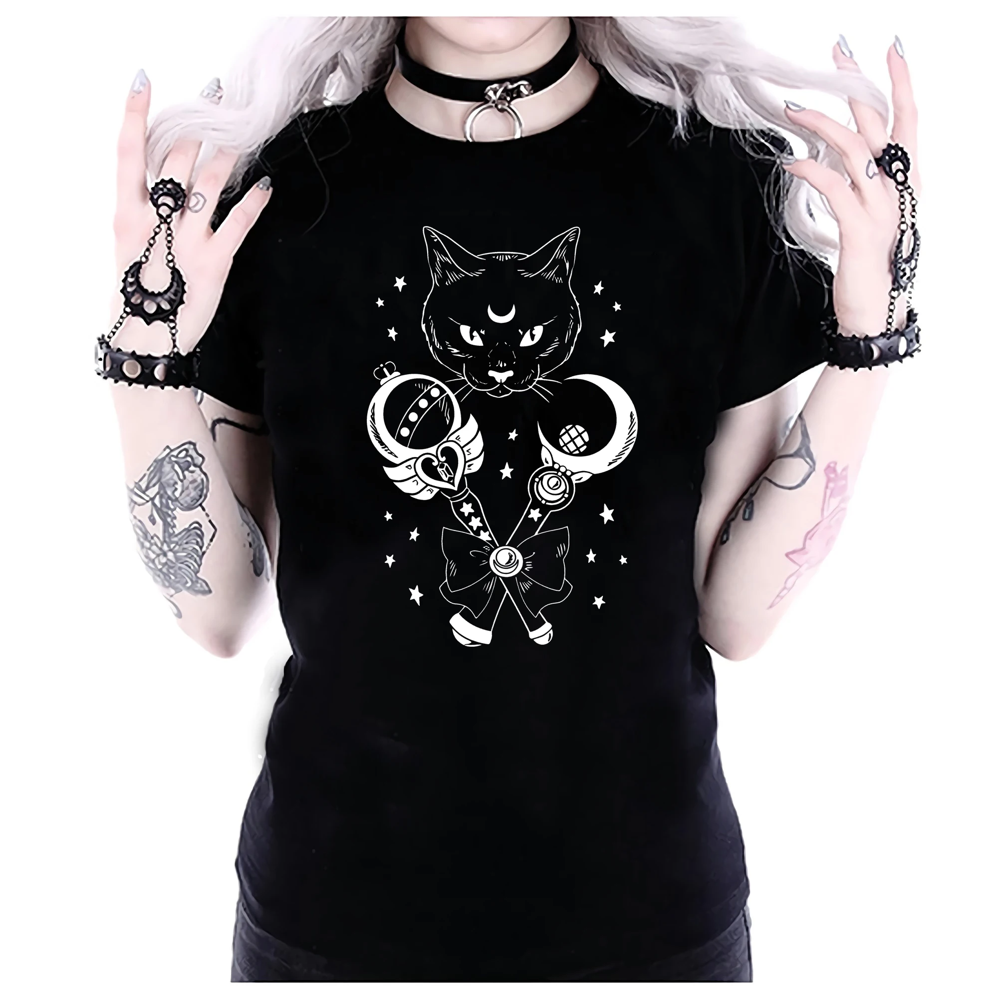Death Metal Sphynx Cat T-shirt Witchcraft Aesthetic Tee Black Goth T Shirt Unisex Vintage Grunge Streetwear Halloween Tops | Женская