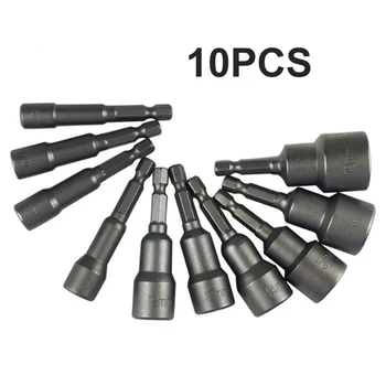 

1/4\\\" Hex Shank Silver Magnetic Nut Driver Bits Attachment Part 10pcs 6mm-19mm