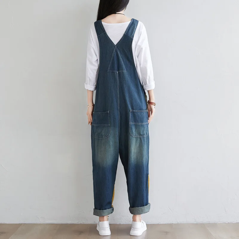 Ripped Jeans Jumpsuit Women Autumn 2020 Loose Denim Trouser Overalls Vintage Blue Pockets Plus Size Casual Bib Pants with Straps