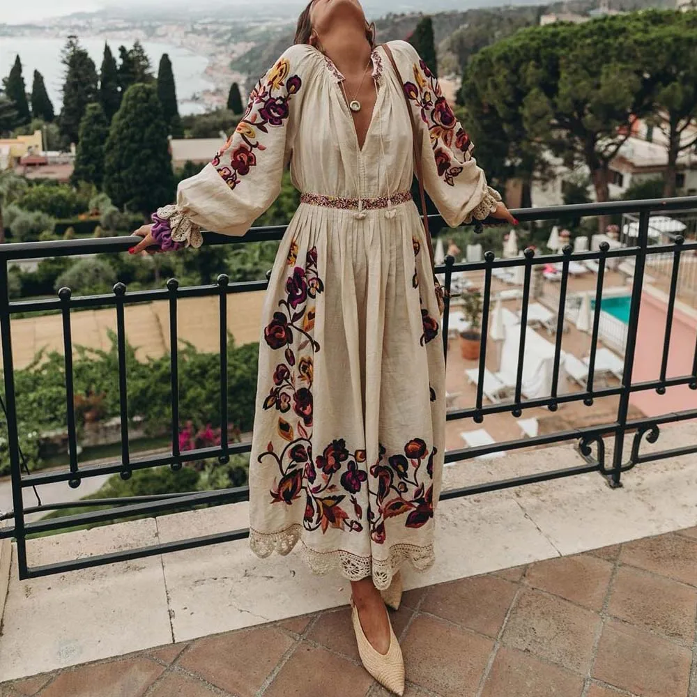 Female Deep V-Neck Lantern Sleeve Boho Maxi Dresses Women's Beach Sundress Floral Pullover Bohemia Vestidos Autumn Fall |