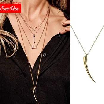 

2020 special design neutral simple atmosphere new ox horn long titanium steel necklace Ivory women's sweater chain