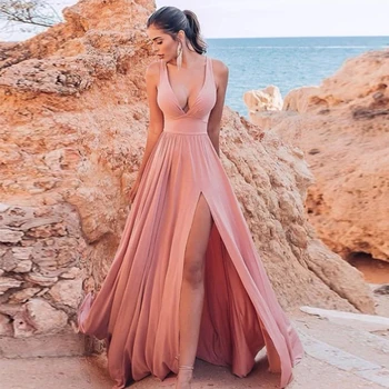 

Simple Style Chiffon Bridesmaid Dresses V Neck Long Evening Party Dresses With Leg Split Floor Length Vestido De Fiesta