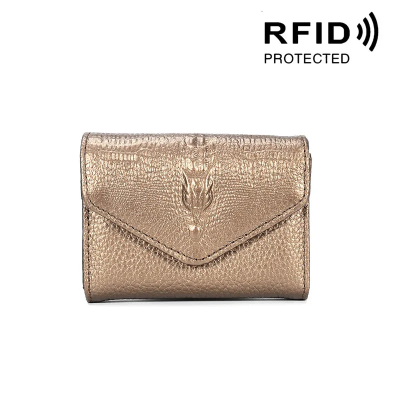 Южная гусиная натуральная кожа RFID Блокировка Кредитная карта держатель для женщин Крокодил шаблон чехол для карточек дорожные кошельки Портмоне - Цвет: Bronze Gold