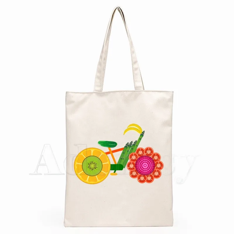 

Fruit Bicycle Canvas Bag Women Graphic Cartoon Printed Canvas Shoulder Bag Female Harajuku Funny Eco Environmental Shopper Bag