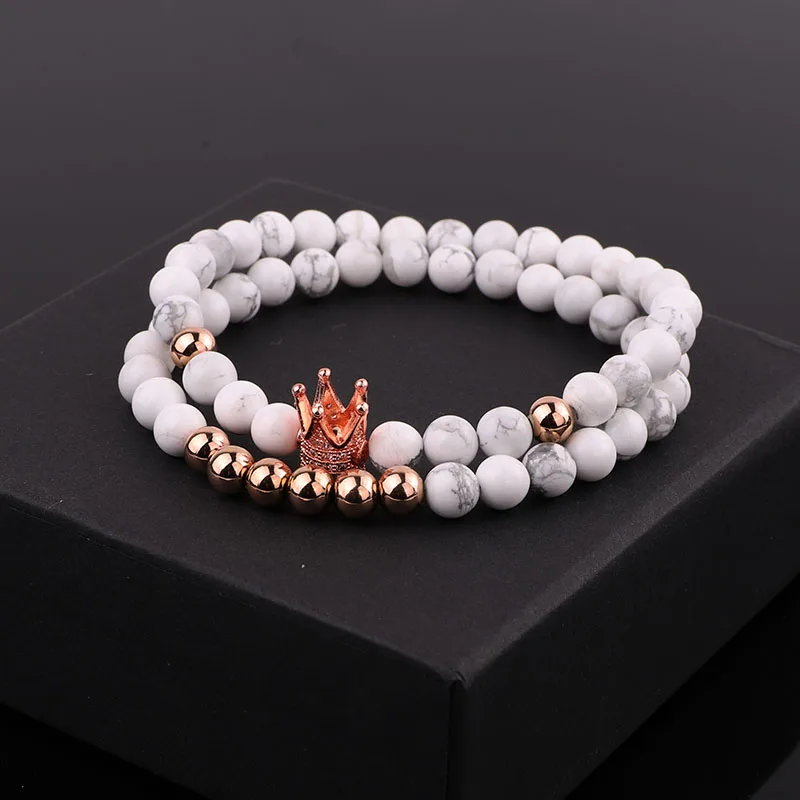Dropshipping New Design Natural Stone CZ Pave Crown Charm Elastic Bracelet Set Men Women Jewelry Gift - Image 2