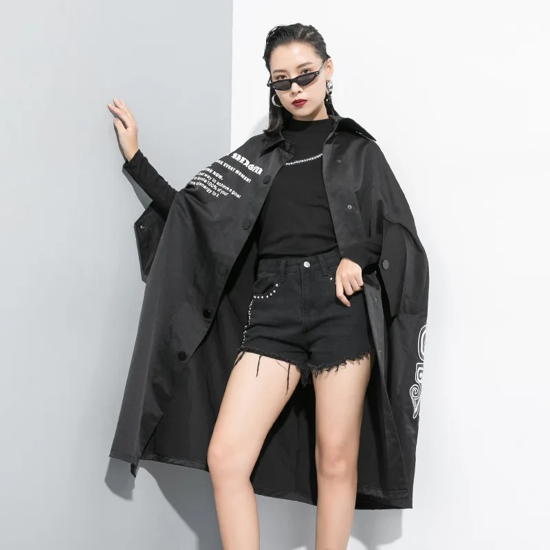 

TVVOVVIN Street Black Style Personality 2019 Autumn Cardigan Printing Windbreaker Cloak Tide Brand Irregular Loose Coat L106