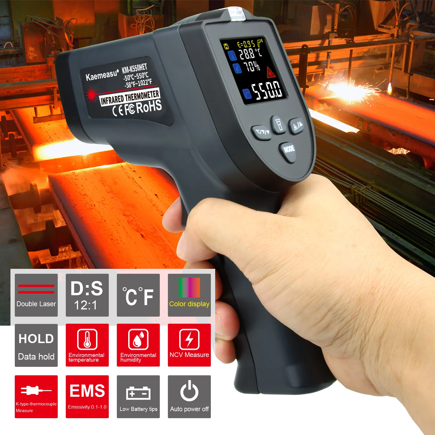 Termometro digitale a infrarossi Laser singolo/doppio termometro senza  contatto pistola misuratore industriale ad alta temperatura display a  colori