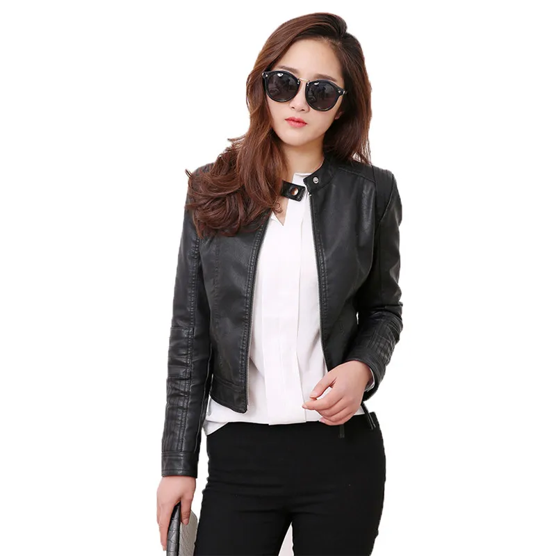 

Black faux leather coat women white korean slim top PU jacket 2019 autumn new standing collar fashion short paragraph coat LR572
