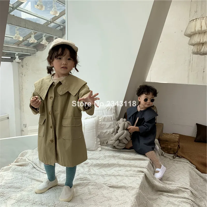 

Autumn Korean Style Fashion Girls Solid Color Long Trench Baby Boys Loose All-match Turn-down Collar Jackets Outwear