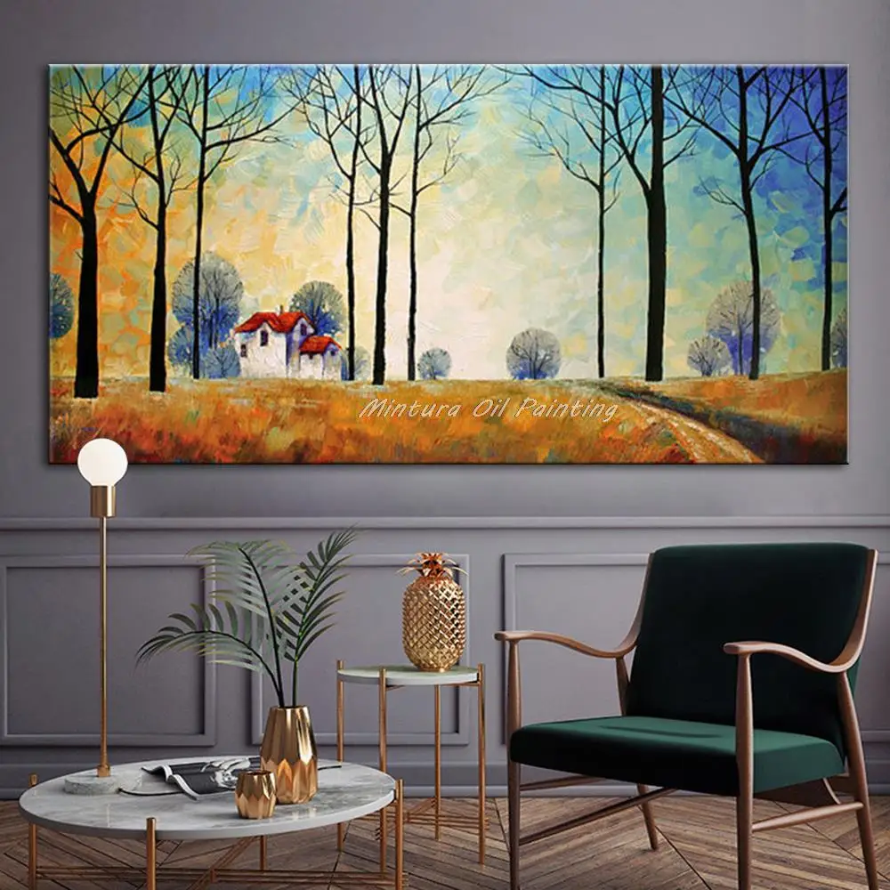 Mintura Large Size Handpainted Village Landscape Painting On Canvas Modern Abstract Wall Art