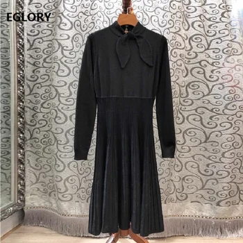 

High Quality Sweater Dress 2019 Autumn Winter Knitted Dress Women Bow Collar Long Sleeve Casual Black Pullover Dress Ladies