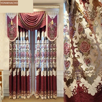 

Custom curtains luxury high-end chenille peony embroidery wedding room wine red cloth blackout curtain tulle valance drape B766