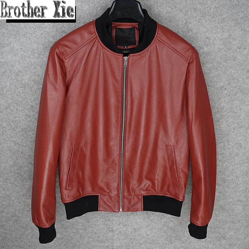 

Autumn Russia Red Aviation Genuine Leather Bomber Jacket Men Pilot Sheepskin Real Leather Jacket Slim Baseball Flight Coats Male