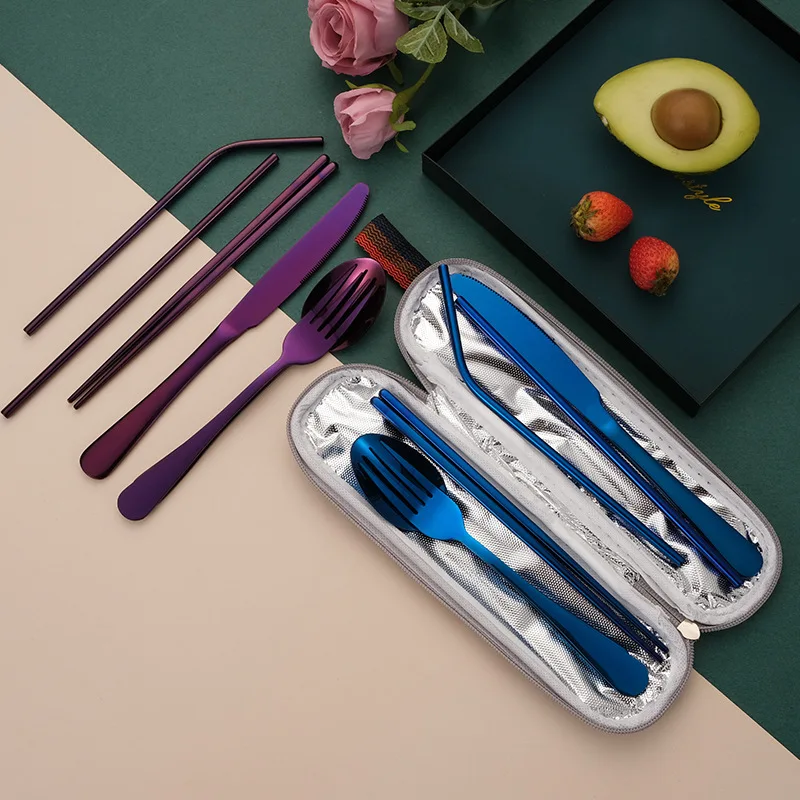 Stainless Steel Travel Tableware Set 7pcs Portable Creative Western Cutlery Knife Spoon Straw Set