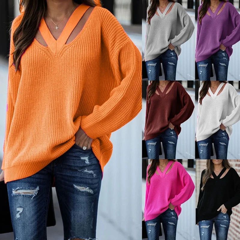 Suéter de manga larga con cuello en V para mujer, Jersey informal de moda, Color sólido, holgado, de gran tamaño