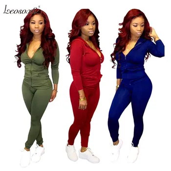 

2020 New Fashion 2 Piece Set Women Long Sleeve Zipper Hat Suit Slim Pencil Pants Solid Color Leisure Sports Women Pants Set