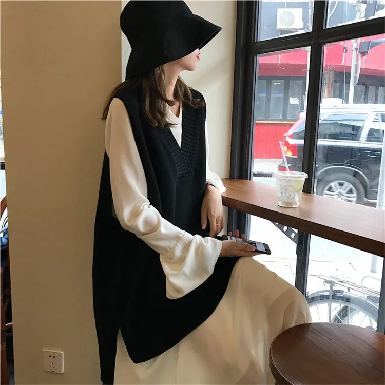 Harajuku женский костюм из двух предметов Осень корейский v-образный вырез вязаный широкий жилет и белый длинный рукав платье ансамбль женский