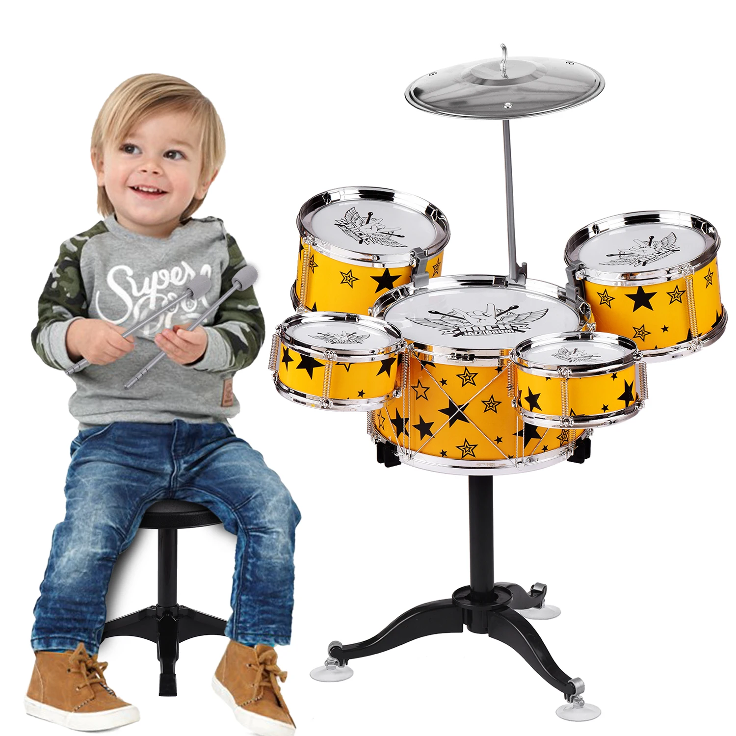 Детский джазовый барабанный набор, 5 шт. барабанов с цимбаловыми барабанчиками, Регулируемый табурет с музыкальным лижингом, вибрационные электронные эффекты