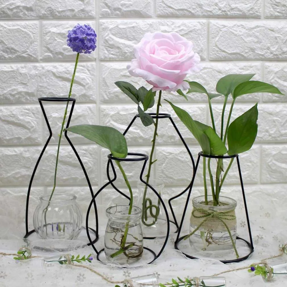 4 формы черные железные стеллажи ваза стеклянная для цветов украшения растение цветок железная ваза простые разнообразные вазы элегантный домашний декор